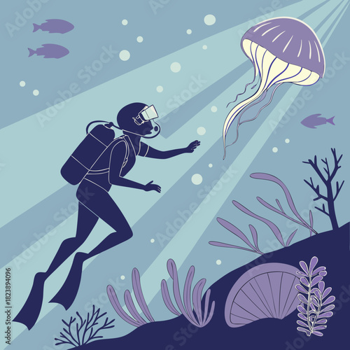 Stylized illustration of a scuba diver observing a jellyfish underwater with sunbeams and marine plants