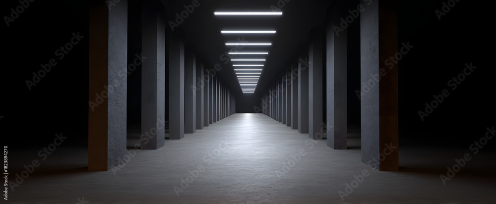 Fototapeta premium The long hallway extends into vast empty space with soft minimalistic lighting