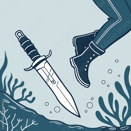Underwater Scene with a Dagger and Diver's Boots knife feet