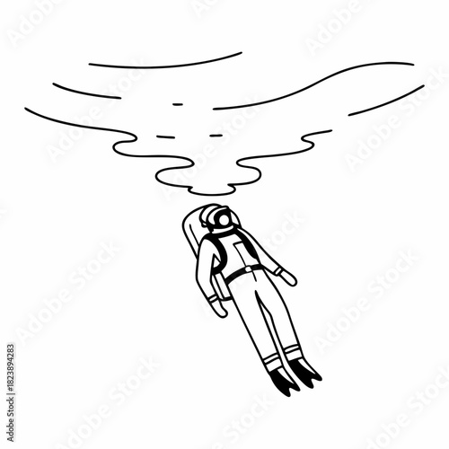 Astronaut floating in water with wavy surface above Keywords: astronaut, space suit, floating, underwater, water, surface, wavy lines, drawing, illustration, outline, black and white, isolated