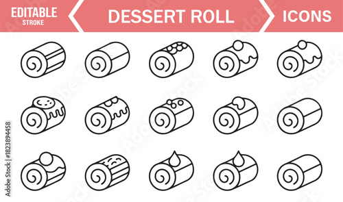 Dessert Pastry Roll Icon Pack Featuring Cake Swirls, Cream Toppings, and Minimal Food-Themed Graphics