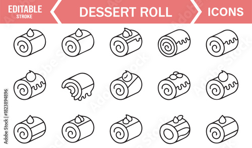 Minimal Line Icons of Dessert Rolls, Swiss Rolls, Cream Pastries, and Sweet Bakery Treats for Confectionery and Food Designs
