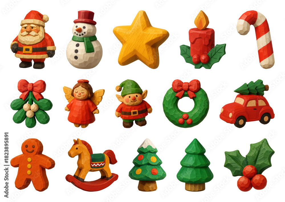 Fototapeta premium PNG Festive wooden Christmas ornaments collection, transparent background