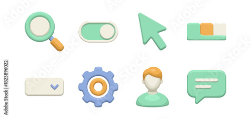 Set of 3 d icons symbols and elements with various shapes and colors on black background