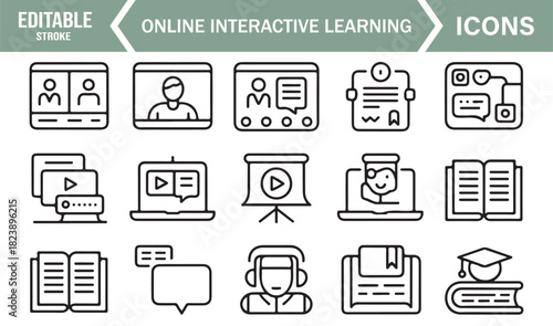 Modern Outline Icons for Distance Education, Online Tutorials, Digital Courses, and Virtual Study Tools