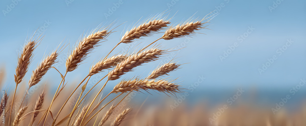 Naklejka premium Golden wheat sways gracefully in the warm tranquil summer breeze.