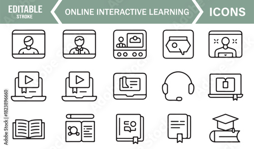 Minimal Line Art Icons for Online Learning, Video Classes, Tutorials, Chat Tools, and Digital Education Platforms