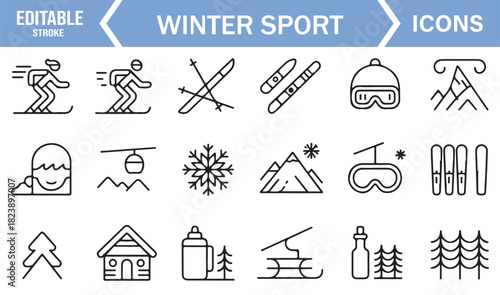 Cold Weather Sports Icon Set Featuring Ski Slopes, Snow Gear, Mountains, and Recreational Winter Elements