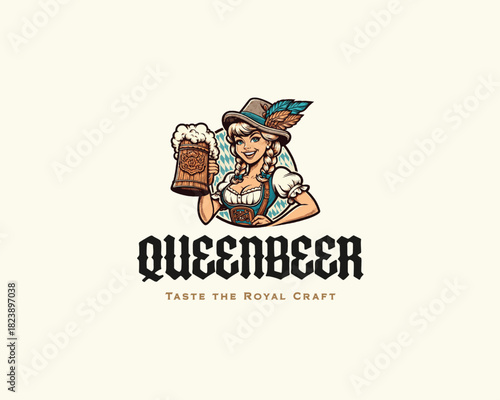vintage classic beauty girl wearing hat holding a big beer glass logo template
