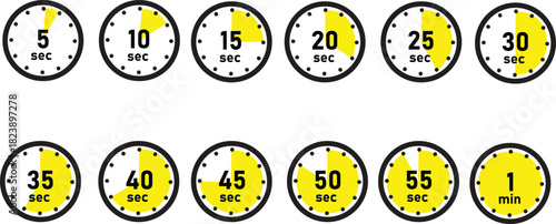Stopwatch Timer Vector Icons Set - 5 Seconds to 1 Minute Intervals