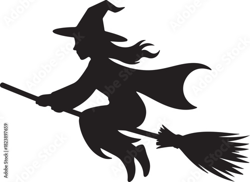 Icon of a witch flying on a broomstick silhouette
