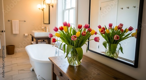 Bathroom Elegance - Tulips, Bathtub, and Mirror Reflection in a Serene Setting.