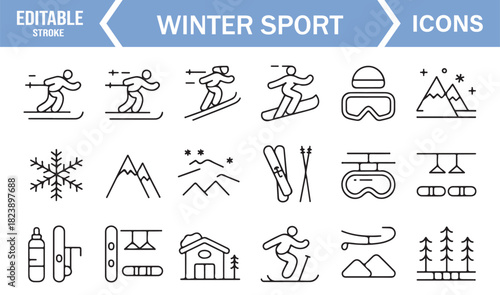 Minimal Vector Icons of Skiing, Snowboarding, Mountain Peaks, Winter Weather, and Outdoor Gear