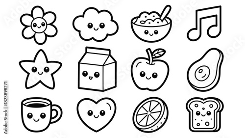 Set of cute kawaii icons simple line art vector illustration for childrens designs isolated on white background
