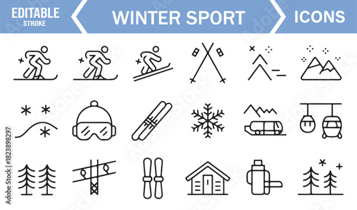 Minimal Line Art Winter Activity Icons with Ski Gear, Snowboard, Mountains, Resort Elements, and Cold Weather Symbols