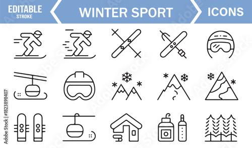 Linear Winter Sports Icon Collection Featuring Skiing, Snowboarding, Mountains, Ski Lifts, and Equipment Symbols for Outdoor Activity Designs