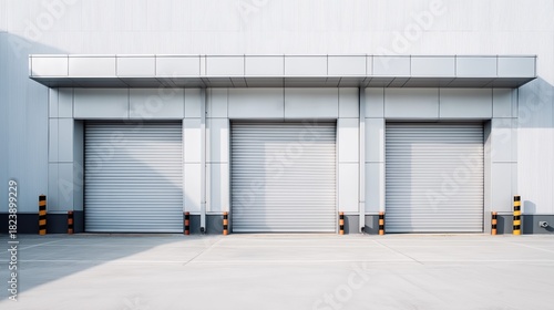 Modern industrial warehouse building exterior with three closed roller shutter doors. Grey facade and empty concrete loading dock area for logistics and shipping.