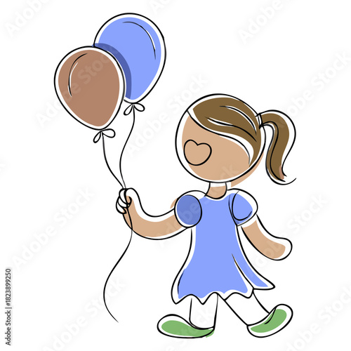 Young girl with ponytail holding balloons and smiling happily  