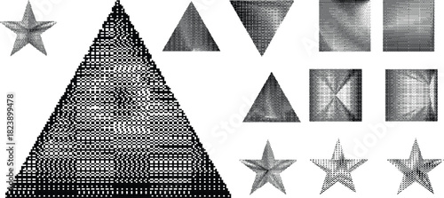 Retro dither basic shape set for video. Vintage bitmap texture. Bit gradient squares, triangles, stars collection for graphic layouts . Pixel gradients effect.
