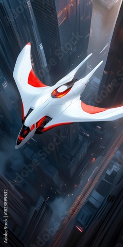 Futuristic spaceship flying over skyscrapers in cyberpunk city, digital illustration