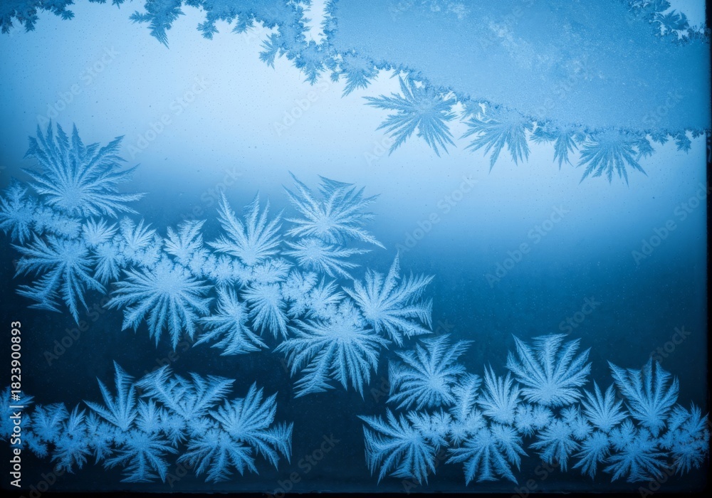 Obraz premium Frost patterns on window, intricate ethereal, creating a beautiful winter art, on a cold blue glass
