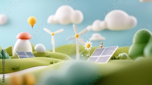 Whimsical landscape scene showcasing eco friendly renewable energy with wind turbine, solar panel, hot air balloon, clouds, and lush landscape pastel colors, cartoon style emphasizing harmony with