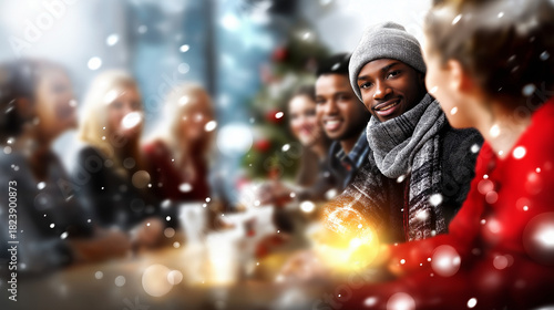 Faceless team building setting with blurred Christmas background, winter collaboration concept, holiday minimalistic design, seasonal dialog promotion, defocused festive elements, 