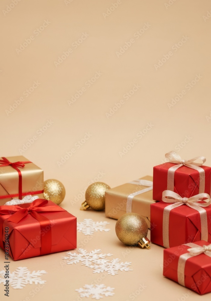 custom made wallpaper toronto digitalRed and gold Christmas gifts, festive elegant, arranged with snowflakes on a beige background, with copy space