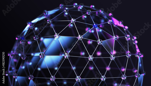 Fototapeta Naklejka Na Ścianę i Meble -  Abstract neon glass blue and purple wireframe 3d sphere of dots and lines on black background. Futuristic geometric bg with hologram circular polygon mesh, grid ball, global network. 3D illustration