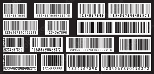 Digital bar codes labels and tags. Barcode symbols. Collection of black and white barcode vector icons in different style isolated vector illustration on black background.