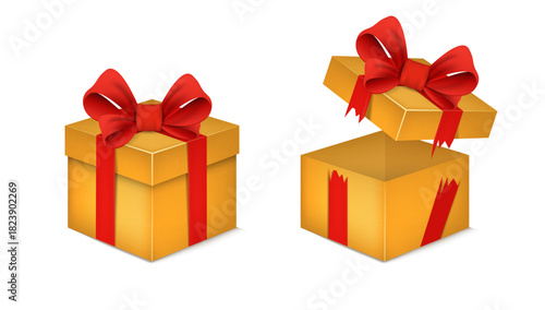 Golden gift boxes with red bows. One open, one closed — festive packaging for celebration visuals