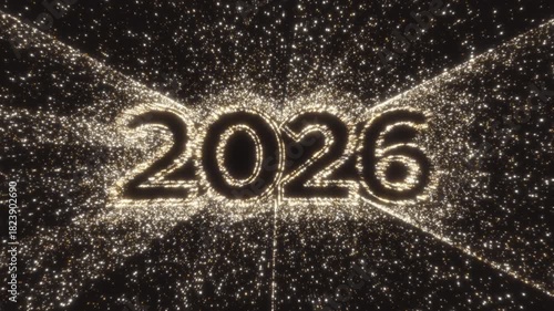 Luxury golden particles shimmer motion graphics background. This seamless loop features sparkling glitter and bokeh, perfect for awards, New Year 2026 and Christmas
