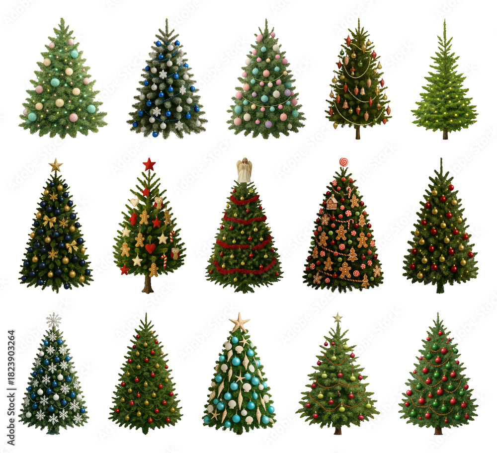 Fototapeta premium PNG Diverse festive Christmas tree designs, transparent background