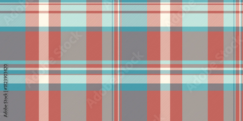 50s tartan fabric check, asymmetric pattern seamless vector. Christmas ornament plaid textile texture background in red and cyan colors.