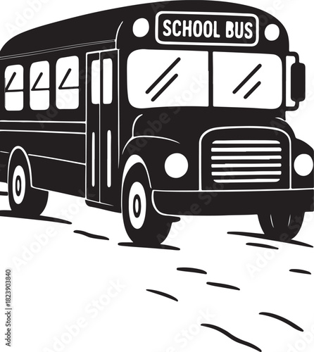 Classic black school bus driving down a road