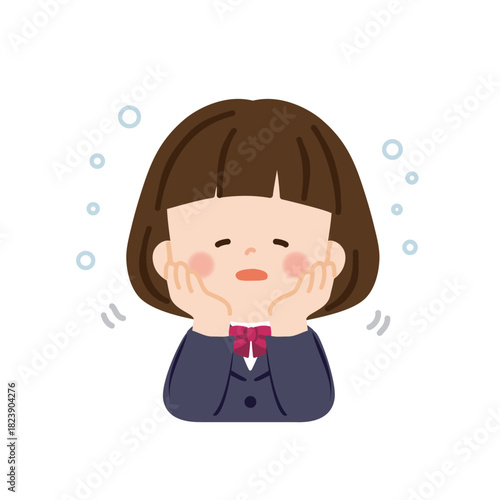 うとうと寝ぼけがおで頬杖をついた女子生徒　バストアップ