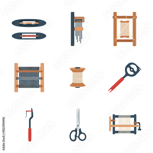 Weaving and Textile Craft Tools Collection Flat Design.