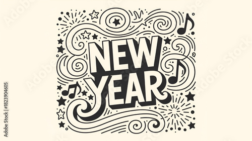 Festive New Year lettering design hand-drawn style with swirls and musical notes vector illustration for holiday greetings and invitations