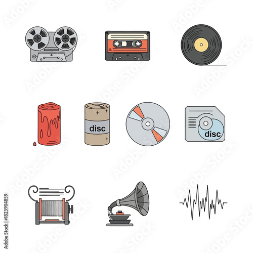 Icons Representing Various Audio Recording and Playback Technologies Evolution.