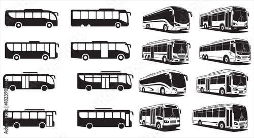 Collection of monochrome bus silhouettes and line drawings in various perspectives