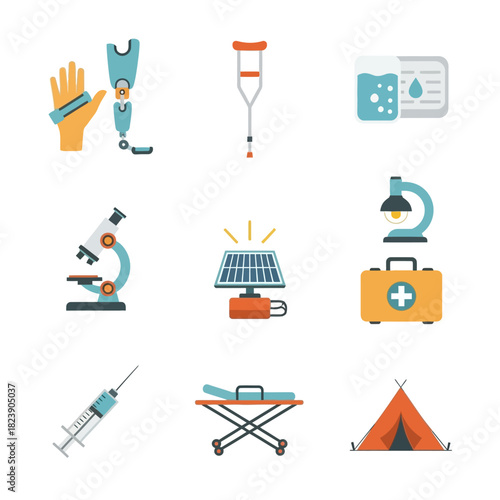 Medical Equipment and Supplies - Prosthetic Limb, Crutch, Bandage, Microscope, Solar Panel, First Aid Kit, Syringe, Stretcher, Tent.
