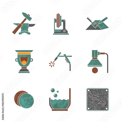 Metallurgy and metalworking industrial process flat icons set.