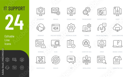 IT Support Line Editable Icons set. Vector illustration in modern thin style of technology related icons: system crash, manual, troubleshooting, and more. Isolated on transparent background.