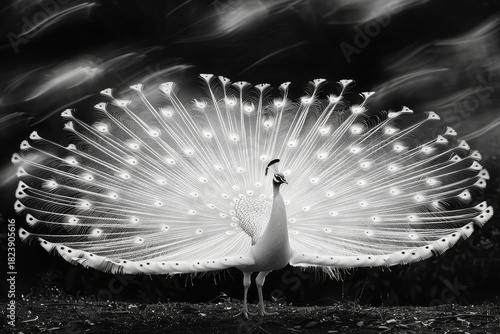 Black and white photograph of peacock with white tail feathers spread wide in symmetrical composition against dynamic night scene.