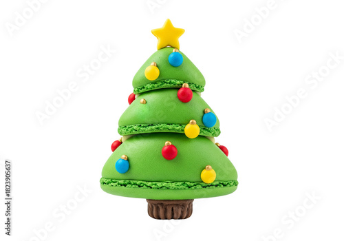 Wallpaper Mural Festive Green Macaron Shaped Like a Christmas Tree with Colorful Ornaments and Star Topper on White Background Torontodigital.ca