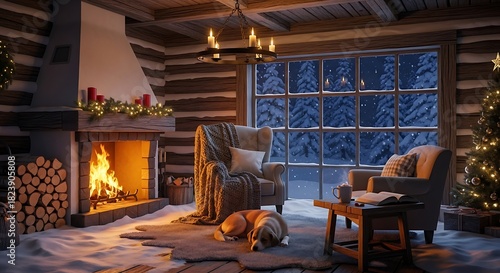 Cozy Winter Cabin Interior with Fireplace and Dog.