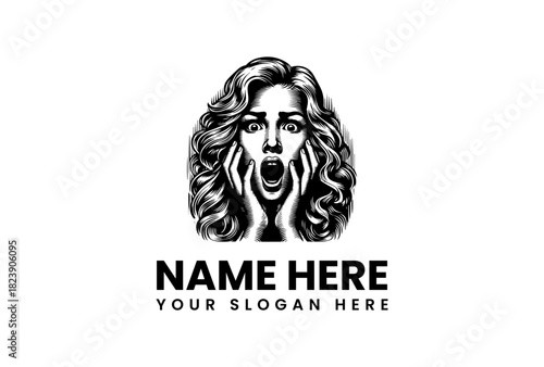 A hand-drawn retro vector logo illustration of a woman screaming in terror, her face showing shock and horror, design 82