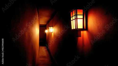 Dim, narrow hallway lined with warm orange wall lanterns. Concept Moody Hallway, Dim Lighting, Warm Orange Lanterns, Narrow Space, Cinematic Ambience
