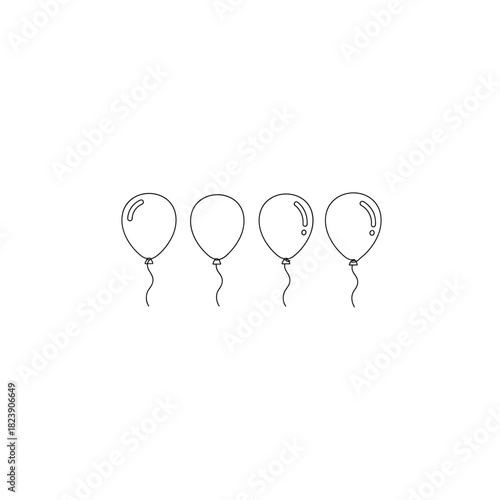 Minimalist line art illustration of four floating balloons on a white background