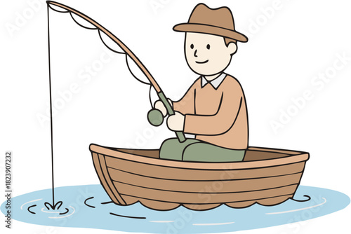 Cartoon Man Fishing in Boat on Water with Rod